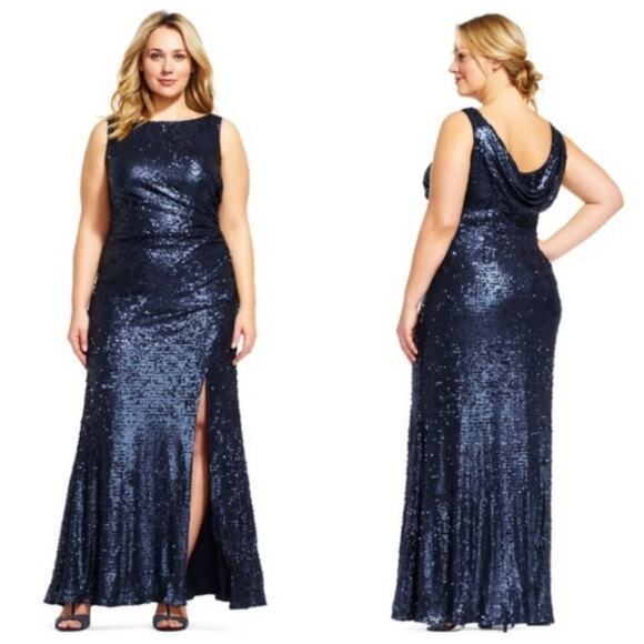 Adrianna Papell Sequin Sleeveless Scoop Back Gown Sparkle Maxi Dress Navy Blue - Picture 1 of 15
